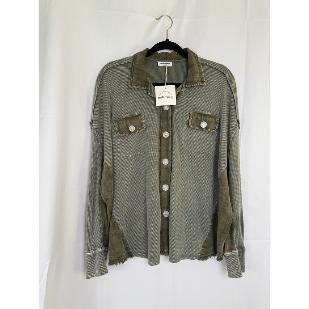 Mittoshop Distressed Olive Button-Up Shirt Size M/L Waffle Knit Utility Plaid
